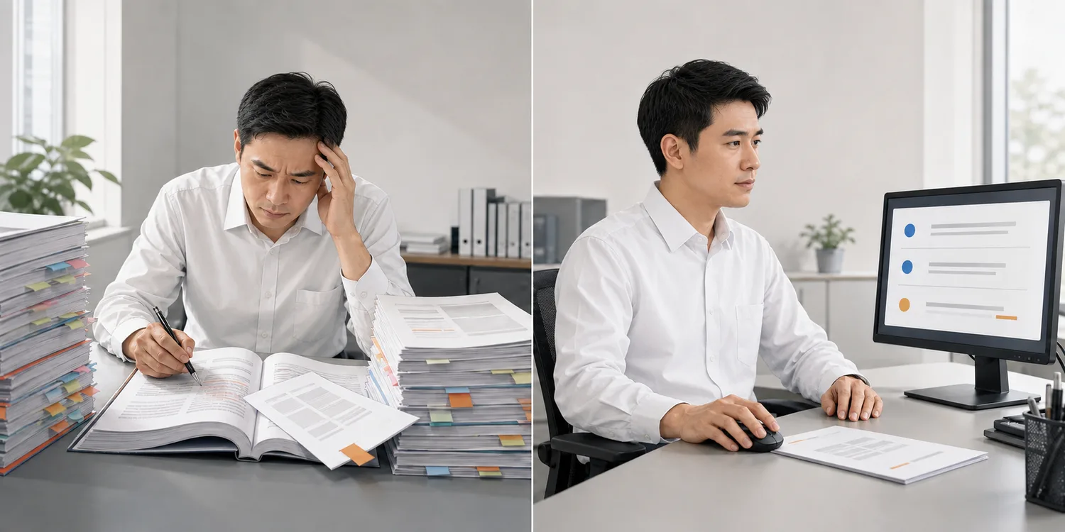 两格画面。左：分析人员坐在两摞贴满标签的资料之间，重新翻读一本摊开的合订本。右：同一位分析人员面对屏幕，屏幕上只列出三条标记条目
