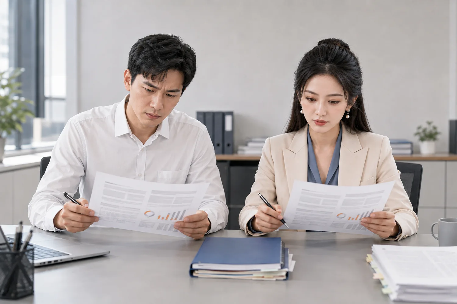 两位复核人员并排阅读同一份定稿报告的两份相同打印件，中间桌面上放着一本尚未翻开的工作草稿文件夹