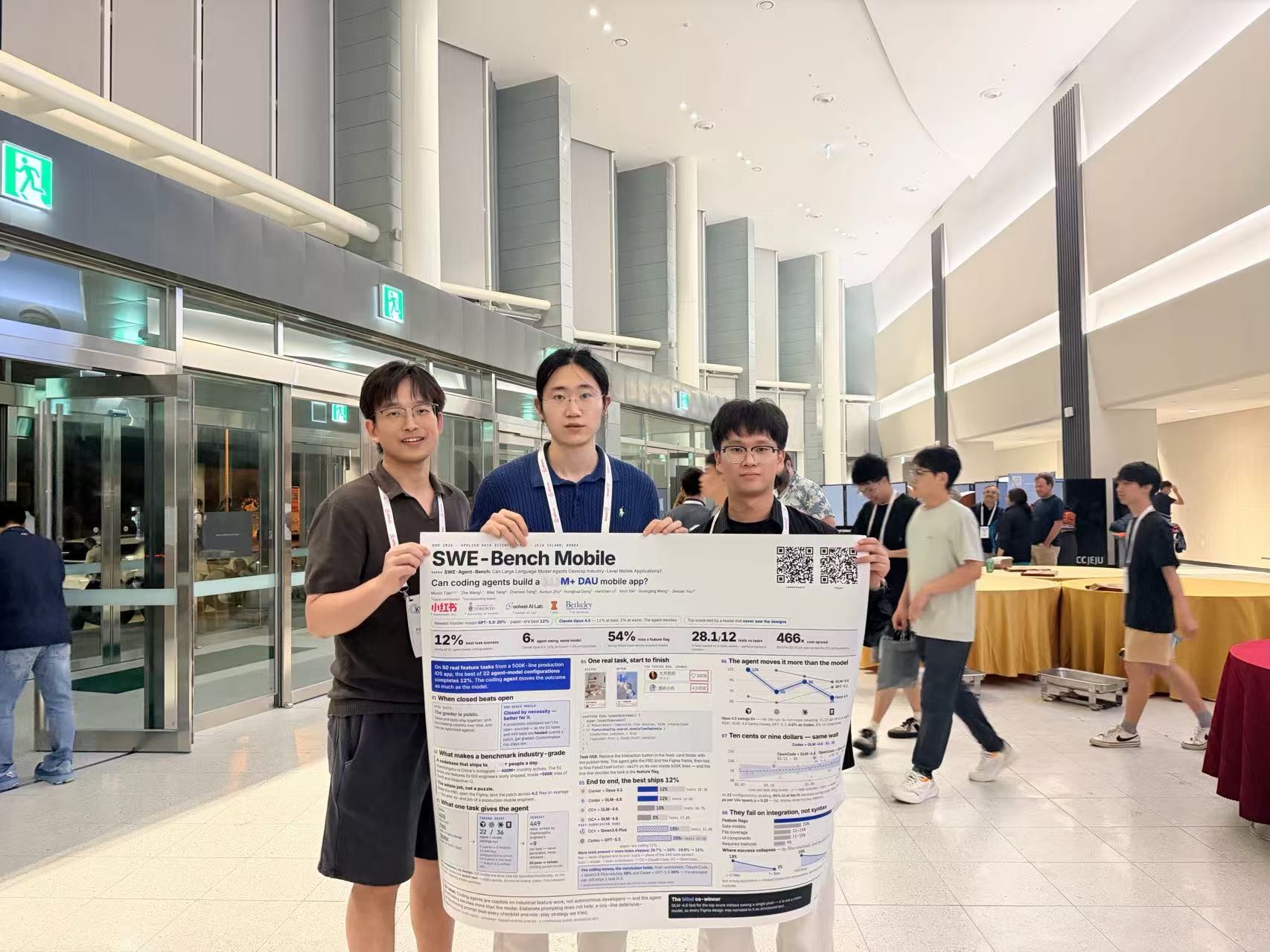 SWE-Bench Mobile 作者团队三位成员在济州岛 KDD 2026 会场手持海报合影。